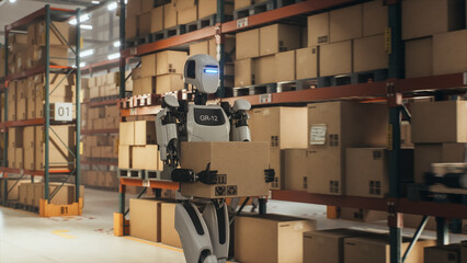 Futuristic Humanoid Robot Transports a Cardboard Package in a Distribution Center with Stacked Automated Pallets and Shelves with Boxes. Advanced Warehouse with AI Robotics