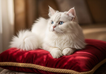 Beautiful White Cat with Blue Eyes Relaxing on Pillow