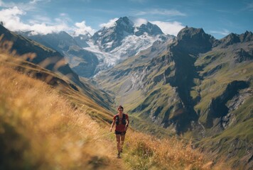 Woman runs along a mountain trail framed by golden grass, with massive snow-capped mountains and a blue sky in the background
