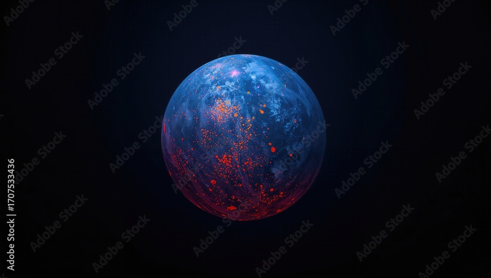 Poster a digitally rendered sphere with a blend of blue and red glowing particles against a dark background