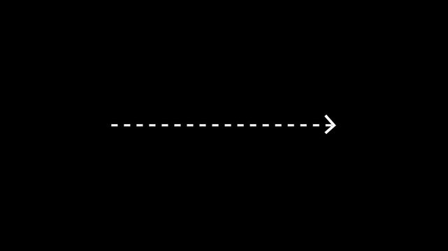 right arrow direction icon with dotted line animation on Black background. dot arrows icon sign animated with alpha channel. white straight arrows animation. Reveal animation of solid, dashed. 