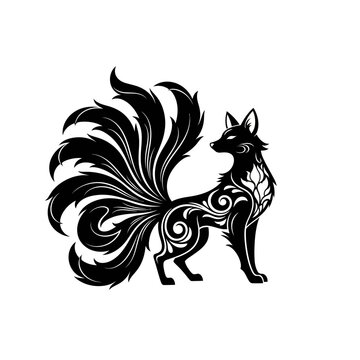 Vector Silhouette of a Cunning Legendary Kitsune with Nine Tails