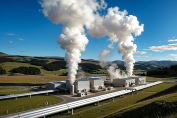 Industrial Facility with Steam Emissions in Scenic Green Landscape