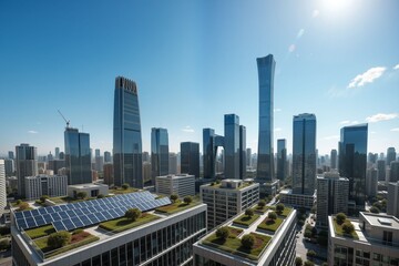 Fototapeta premium Modern Cityscape with Solar Panels and Skyscrapers Under Blue Sky