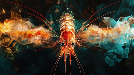 A vibrant, artistic representation of a shrimp with swirling colors and textures, showcasing its intricate features and dynamic movement.