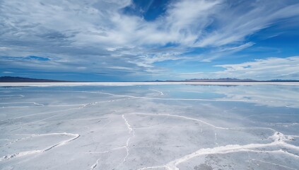 Obraz premium Expansive salt flat landscape reflecting clouds and sky during daytime, showcasing natural patterns