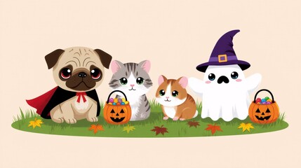 Naklejka premium Cute cartoon animals and ghost celebrating Halloween with candy baskets.