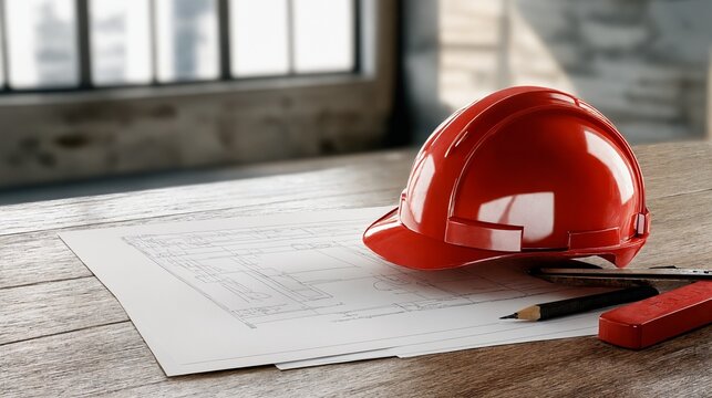 Red safety helmet on architectural blueprints in modern office