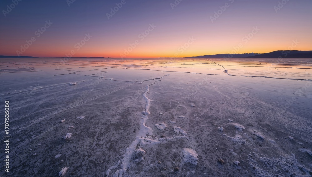 Poster expansive view of a calm salt flat at dawn with a gradient sky transitioning to twilight