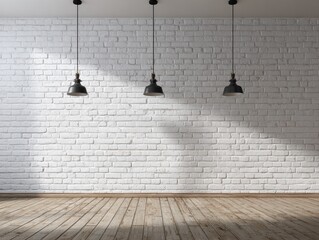 White Brick Wall with Three Black Pendant Lamps and Light Wood Floor in Bright Room Interior Design
