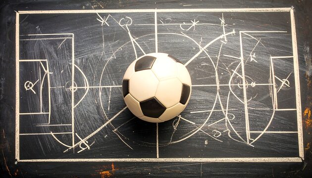 Soccer ball on a weathered chalkboard tactical board