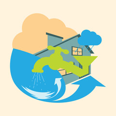 Naklejka premium Vector illustration of domestic water reuse system. A house with rainwater harvesting, green faucet and blue arrows symbolize water reuse, recycling, conservation, and sustainability.