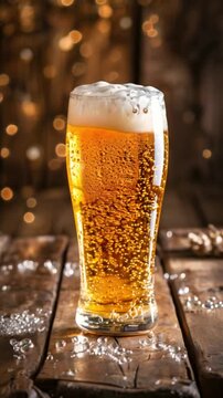 Amber Beer Glass on Rustic Wooden Table with Sparkling Bubbles and Frothy Foam.