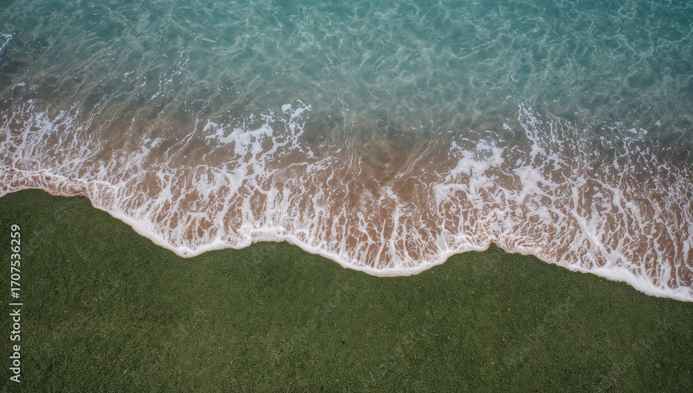 Poster aerial view of gentle waves lapping against a sandy shoreline dotted with small shells and seaweed