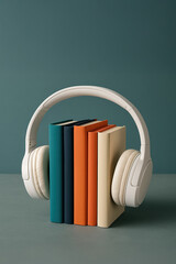 Wireless headphones holding a row of colorful hardcovers between its earcups, serving as sleek bookends. Teal studio backdrop with copy space in the top. Audiobooks and podcast concept