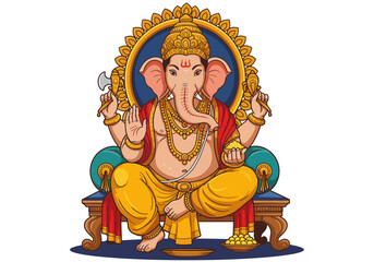 Ganesha sits crosslegged on a throne holding tools against a gold nimbus