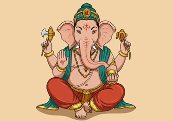 Ganesha the Hindu deity sits crosslegged wearing jewelry and holding objects against a tan background