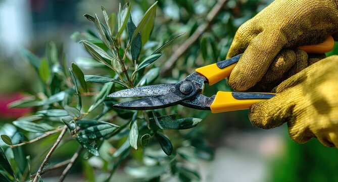 Close-up of yellow-gloved hands pruning a plant with shears, foliage, and branches, in bright outdoor light