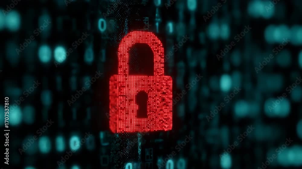 Poster a red lock is shown in a blue background. the lock is surrounded by a series of small squares, which