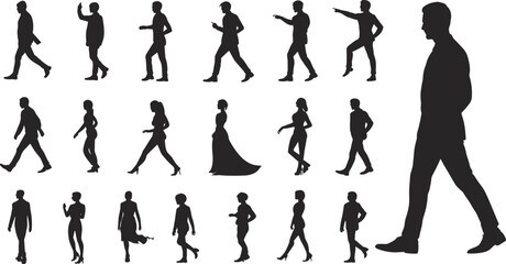 Walking silhouette set, human pose icon, casual and formal figures, black vector, gesture stance, people movement, body language graphic