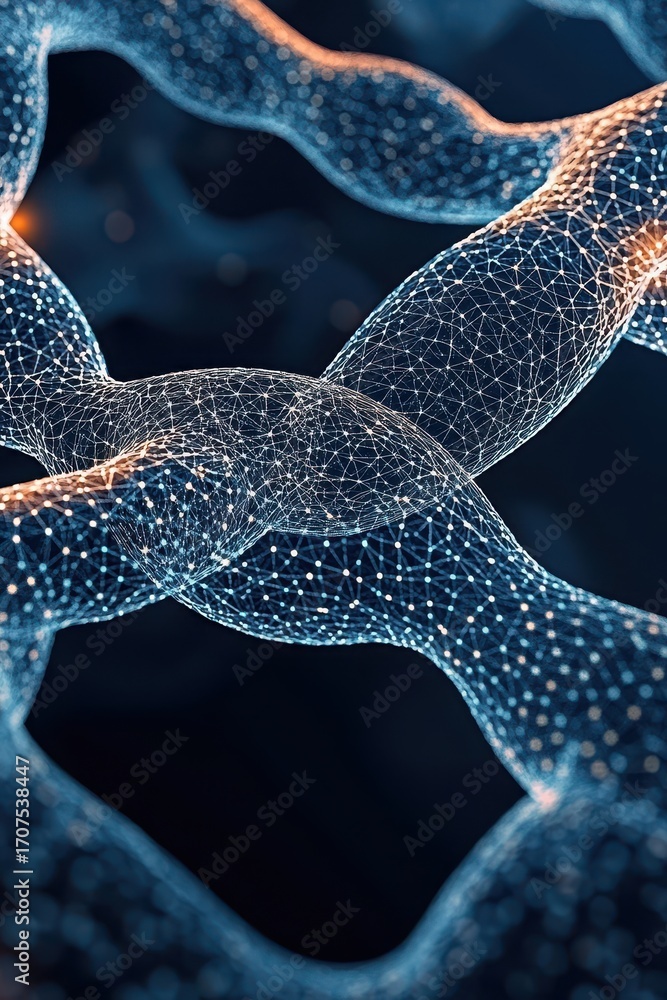 Poster Connected blue network structure curves, flowing in space. Shining points and lines forming a chain, dark backdrop. Visualisation of data and connection.