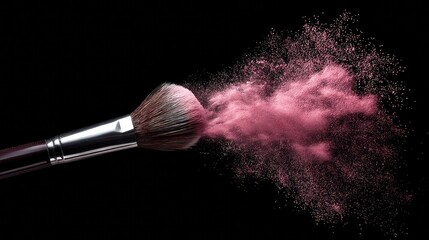 Soft Pink Powder Explosion from Makeup Brush on Black Background