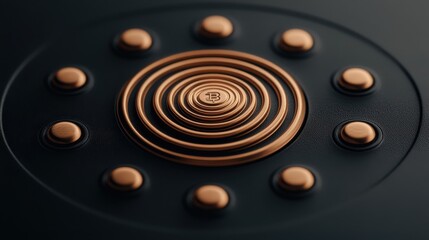 Circular spirals emerge from dark surface. Bronze spheres surround concentric design with abstract digital currency symbol in center. Elegant pattern with metallic details.