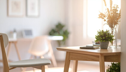 Obraz premium Cozy home office setup featuring a wooden desk and chair bathed in warm sunlight, creating a serene and productive atmosphere.