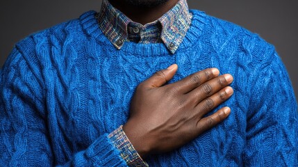 Confident Man in Cozy Blue Sweater with Hand on Heart Gesture
