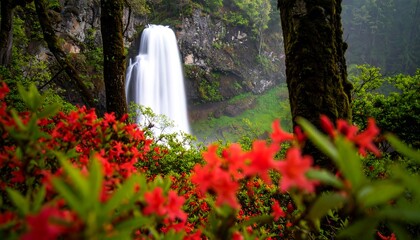 Waterfall framed by vibrant azaleas