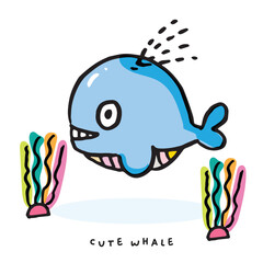 Obraz premium Hand drawing doodle cute whale vector illustration for t-shirt ,card, poster design for kids. Vector illustration design for fashion fabrics, textile graphics, prints, Cute whale cartoon