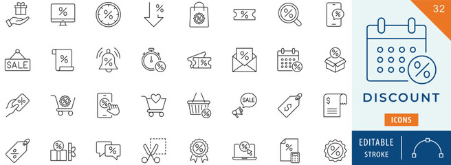 Discount icon collection set. Editable stroke.