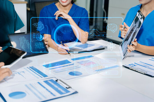 Medical technology network team meeting concept. Doctor hand working with smart phone modern digital tablet and laptop computer with graphics chart interface, with virtual icon diagram - Powered by Adobe