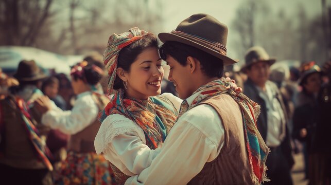Couple dancing Chilean cueca in traditional costume