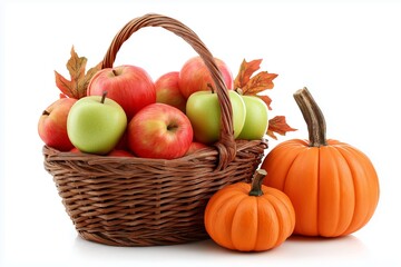 Basket of apples and pumpkins isolated on white,  harvest seasonal fruit