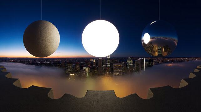 360-degree panoramic of three floating orbs above nighttime cityscape matte gray, white, and reflective columns