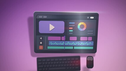 Stylized animation of a video editing software interface with a purple theme, color wheel, and multiple timelines shown on a UHD screen.