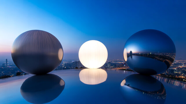 360-degree panoramic of three floating orbs above nighttime cityscape matte gray, white, and reflective columns