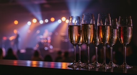 Elegant champagne flutes filled with a light-colored sparkling wine on a bar counter, with a blurred concert stage and musical instruments in the background, suggesting a successful show.