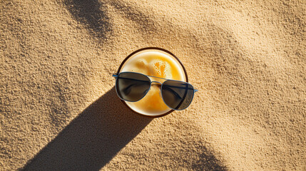 Beach cocktail with a refreshing drink topped with foam, placed in smooth sand with sunglasses on top, sunlit scene, perfect for a summer vacation or a sunny beach day