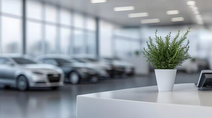 Reception desk with green plant and cars in showroom.