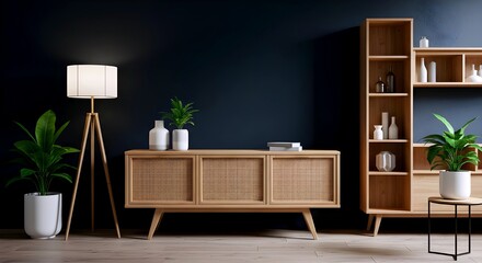 Modern living room with natural wood furniture and dark blue wall