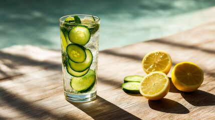 Glass of cucumber mocktail with lemon halves, cucumber slices and ice cubes stands on wooden table by poolside in sunlight, mocktail sparkles with freshness, refreshing summer drink theme