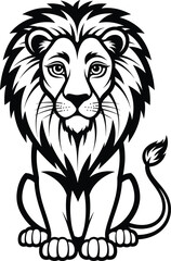 Black and White Lion Illustration, Detailed Lion Drawing, Majestic Sitting Lion Artwork, Wild Animal Portrait, Strong Lion Design