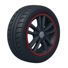 Obraz premium 3D Render Close-up image of a black alloy wheel and performance tire with a red accent, ideal for automotive marketing, shop catalogs.