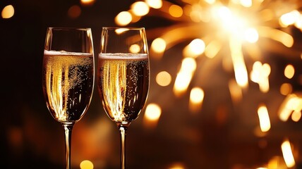 Celebratory sparkling drinks with fireworks in the background at a special night event