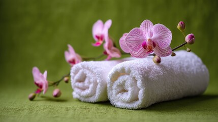 Soft White Towels with Pink Orchid on Green Background for Relaxation