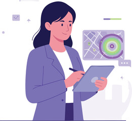 Team member overlaying heatmap data on digital map with city skyline background Illustration