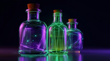 Glowing Neon Glass Bottles with Cork Stoppers Sci Fi Fantasy Potion Alchemy Abstract