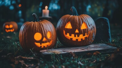 Halloween pumpkins with glowing faces sit in a dark garden at twilight near a candle and tombstone